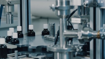 Automated production line conveyor in a factory with screw caps on glass bottles. Medical Conveyor Production of Pharmaceuticals. Twist Bottles. Pharmaceutical Industry. Close up, DOF
