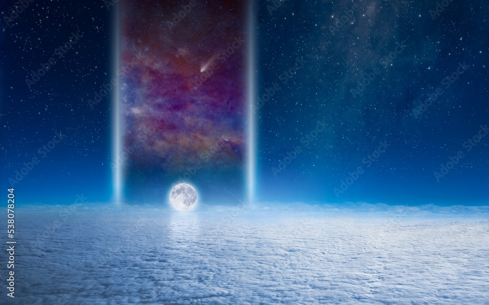 Wall mural amazing fantastic image: huge teleport to another galaxy, full moon with reflection, aerial view of 