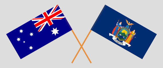 Crossed flags of Australia and The State of New York. Official colors. Correct proportion