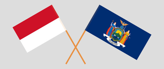 Crossed flags of Indonesia and The State of New York. Official colors. Correct proportion