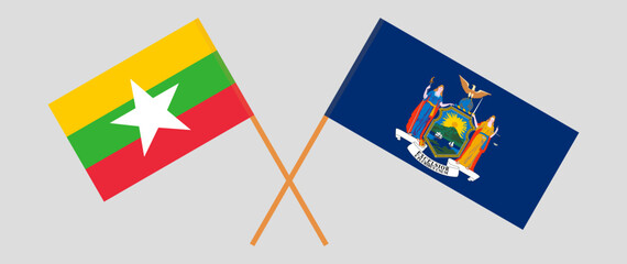 Crossed flags of Myanmar and The State of New York. Official colors. Correct proportion