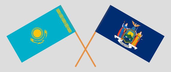 Crossed flags of Kazakhstan and The State of New York. Official colors. Correct proportion