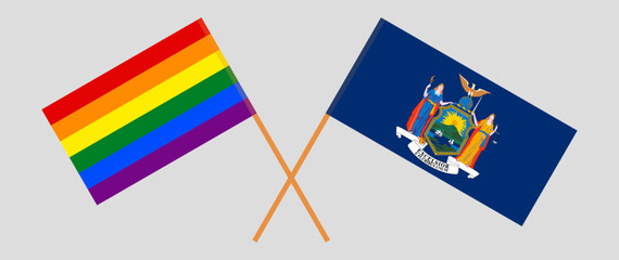 Crossed flags of LGBTQ and The State of New York. Official colors. Correct proportion