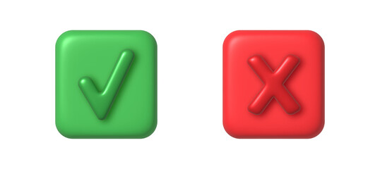3d Right and Wrong, Approved and Declined, Yes and No, red and green, concept of minimal sign, symbol.
