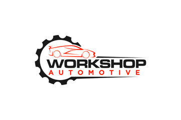 Automotive workshop car garage logo design with gear icon symbol speed shop illustration