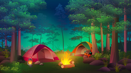 Camping Under the lush tree at night with different tent, lights campfire, trees, cartoon landscape