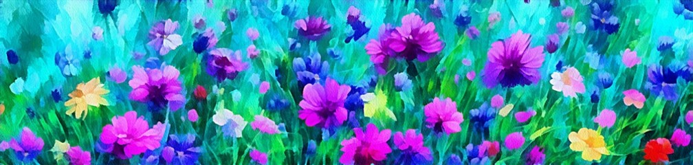 Horizontal banner for website design, digital drawing of beautiful flowers in the painting on paper style