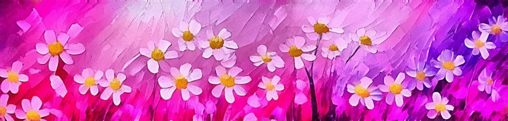 Horizontal banner for website design, digital drawing of beautiful flowers in the painting on paper style