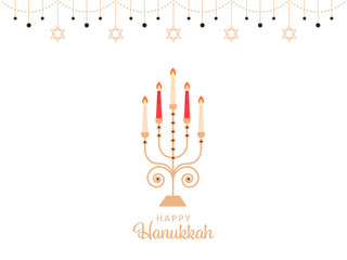 Happy Hanukkah Celebration Greeting Card With Illuminated Candelabra And Hanging Stars Of David Decorated Background.