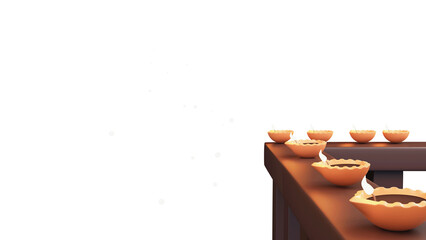 3D Render Of Illuminated Oil Lamps (Diya) Decorated On Railing And Copy Space.