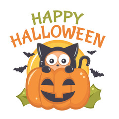happy halloween banner or card with pumpkin and on white background