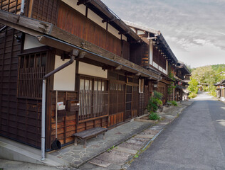 Tsumago,post town in Japan.Tsumagojuku of Nakasendo(ancient post road) in Minamikisocho,Nagano prefecture.Famous travel landmark of preserved old Japanese town.
