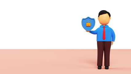 3D Faceless Businessman Holding Security Shield And Copy Space.