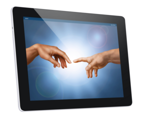 The Creation of Adam, a modern take on the painting with a touchpad.