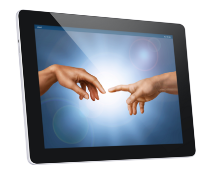 The Creation of Adam, a modern take on the painting with a touchpad.