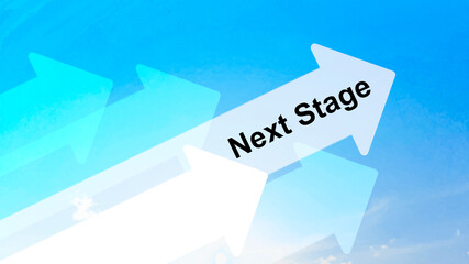 青空に右上がりのたくさんの矢印とNextStage_ワイド
