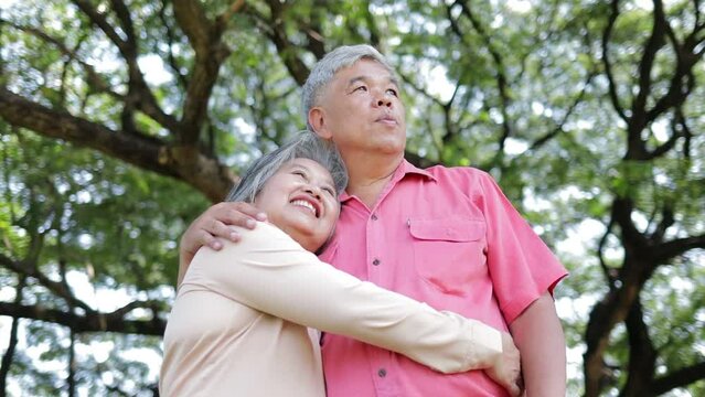 Asian elderly couple hugging each other in the garden They smile and enjoy life on vacation. Retirement health care concept. life insurance, health insurance