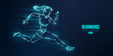 Abstract silhouette of a running athlete on blue background. Runner woman are running sprint or marathon. Vector illustration
