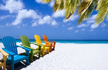 Colorful wooden chairs on white sand beach