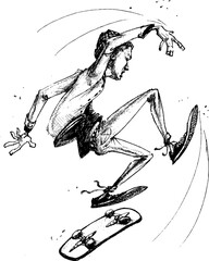 Drawing of a young man riding skateboard. Illustration of skater doing tricks hand drawn.