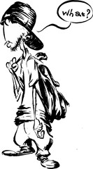 Funny rapper boy cartoon. Handdrawn illustration of hip-hop boy wearing baggy pants and snap back cap