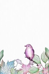 Colorful watercolor background with plants and bird for covers, greeting cards, weddings, birthdays, anniversaries, posters and banners.