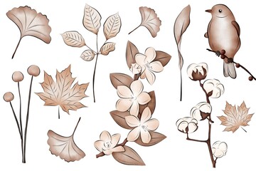 Autumn watercolor collection. Set of plants and birds. Beige and brown shades. Separate element for bouquets, wreaths, wedding invitations, anniversaries, birthdays, cards and congratulations.