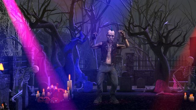 Seamless animation of a punk zombie chicken dancing in a graveyard party. Funny cartoon character for Halloween background.