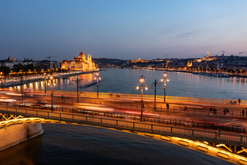 Fototapeta premium Aerial view from Danube river in Budapest at night