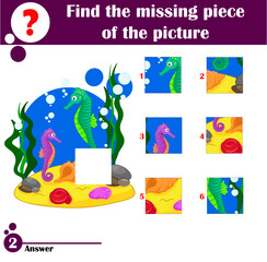 Find missing piece. Puzzle game for children. Funny sea horse