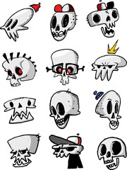 Cartoon  Halloween funny skulls set isolated on white background. Grim reapers illustration. Great for icon