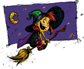 Cartoon witch flying on her broom. Vector Halloween  illustration. Hand drawn vector