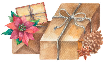 Fototapeta na wymiar Retro craft gifts boxes with Poinsettia