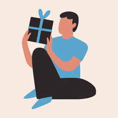 Illustration of a man with a present, giving and receiving gifts, unpacking presents