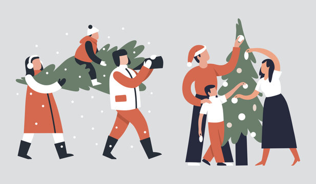 Illustration of a family with a Christmas tree, family carrying a Christmas tree, family decorating, holidays with family