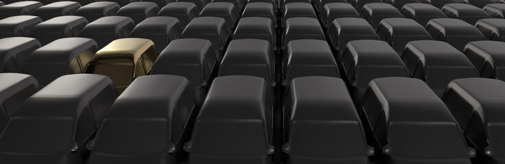 Obraz premium Dark narrow background with standing cars. One of the cars is highlighted. Banner on the theme of ecology and unusual cars that stand out from others