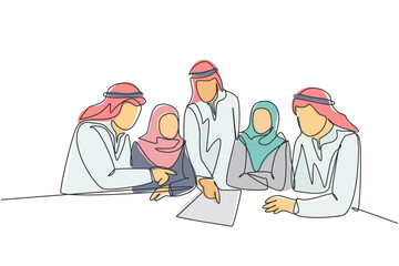 One continuous line drawing of young muslim businesspeople discussing deal project together while team meeting. Islamic clothing shemag, scarf, hijab. Single line draw design vector illustration