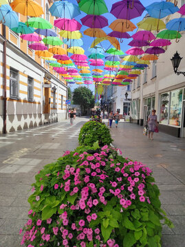18.07.2022 beautiful streets with umbrellas at the top in Leszno. Greater Poland Voivodeship, Poland