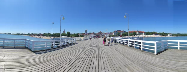 Washable Wallpaper Murals The Baltic, Sopot, Poland 07.06.2022 - panoramic view of the old wooden white pier Molo on the coast of the Baltic Sea in Sopot. Pomeranian Voivodeship of Poland.