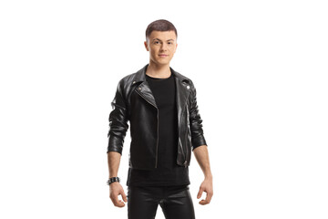 Young male in leather jacket and pants posing