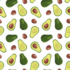 Seamless pattern with green avocado on white background. Bright print with fruits or vegetables, healthy food for clothing, wrapping paper, design. Vector flat illustration