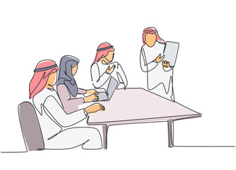 One continuous line drawing of young muslim businessmen offered new business plan by foreign colleague. Islamic clothing shemag, kandura, scarf, keffiyeh. Single line draw design vector illustration