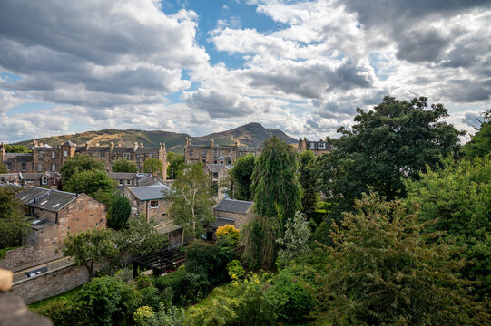 New town in Edinburgh city, view on houses, hills and trees in old part of the city, Scotland, UK