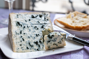 Piece of Bleu de Laqueuille semi-hard AOP French blue cheese made from raw cow milk