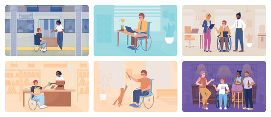Disabled person lifestyle 2D vector isolated illustration set. Social inclusion flat characters on cartoon background. Routine colourful editable scenes collection for mobile, website, presentation