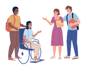 Students interaction semi flat color vector characters. Editable figures. Full body people on white. Social inclusion and equity simple cartoon style illustration for web graphic design and animation
