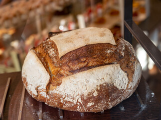 French bakery, fresh baked bread ready for sale close up