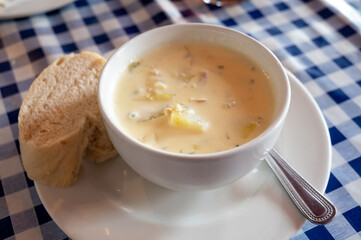 Traditional scottish white cream soup, cullen skink made with smoked paddock fish, Scotland