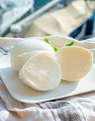 Tasting of white soft italian balls mozzarella cheese made from buffalo cow milk