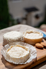 French cheeses Rocamadour and Saint-Marcellin served on olive tree wooden plank with almonds